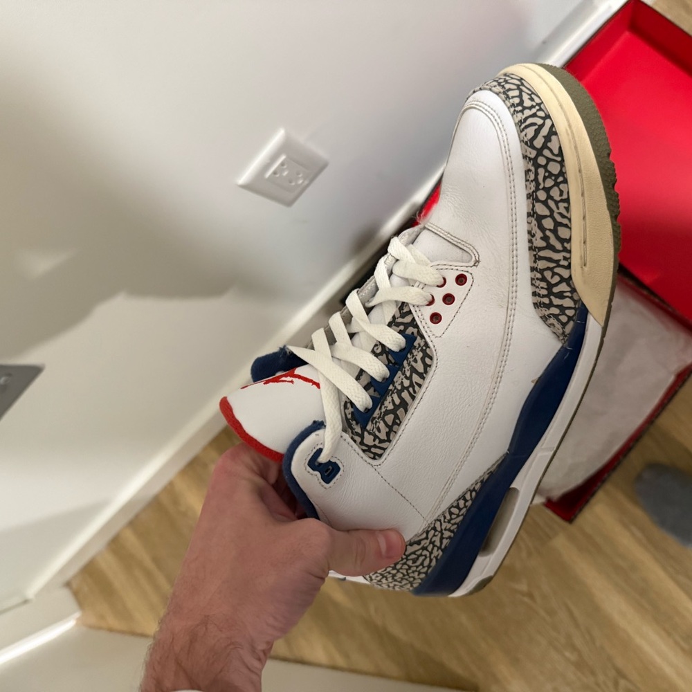 Men Size 12 | Jordan White and Blue Sneakers with Elephant Print